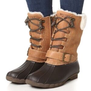Sperry Saltwater Misty Duck Boot Brown Leather Fur Lined Tall Winter Waterproof